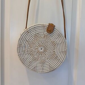 Cream Woven Round Crossbody Bag with Tan Strap